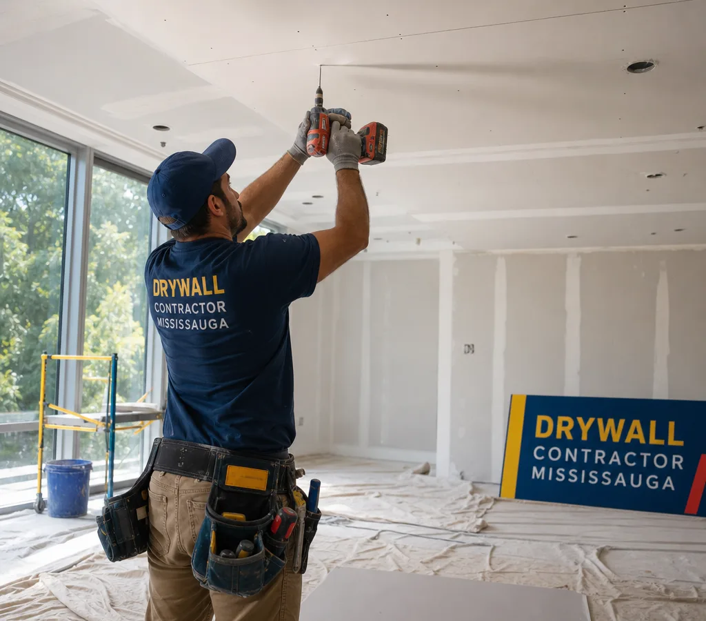 Drywall contractor fastening fresh ceiling boards in a protected Mississauga home