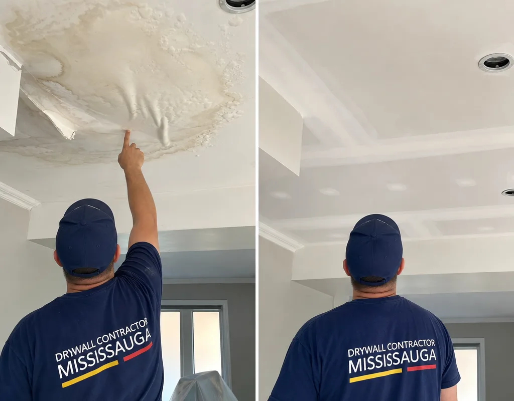 Before and after of water-damaged ceiling drywall replaced and finished for primer
