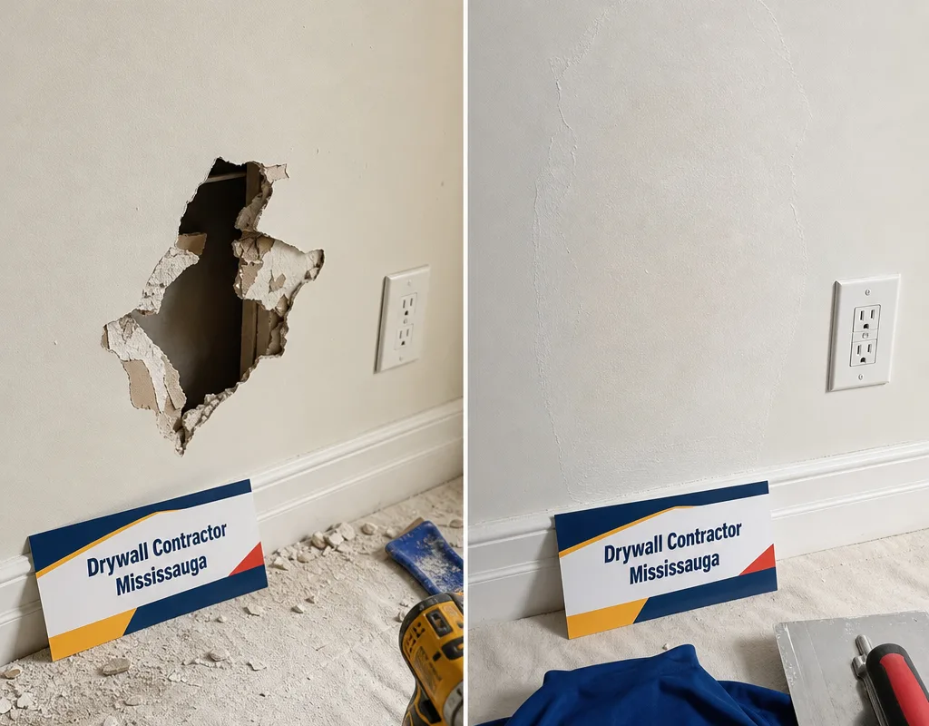 Before and after of a fist-sized wall hole rebuilt and feathered flat for primer