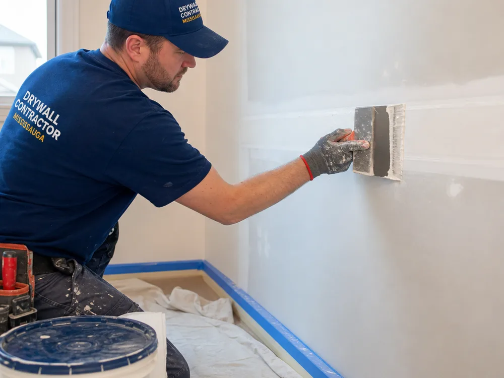 Drywall joint being taped and feathered with baseboards and floors carefully protected
