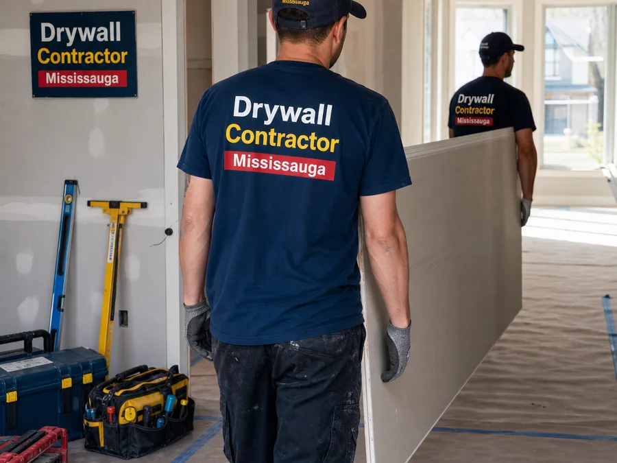 Drywall crew carrying sheets into a protected residential work area